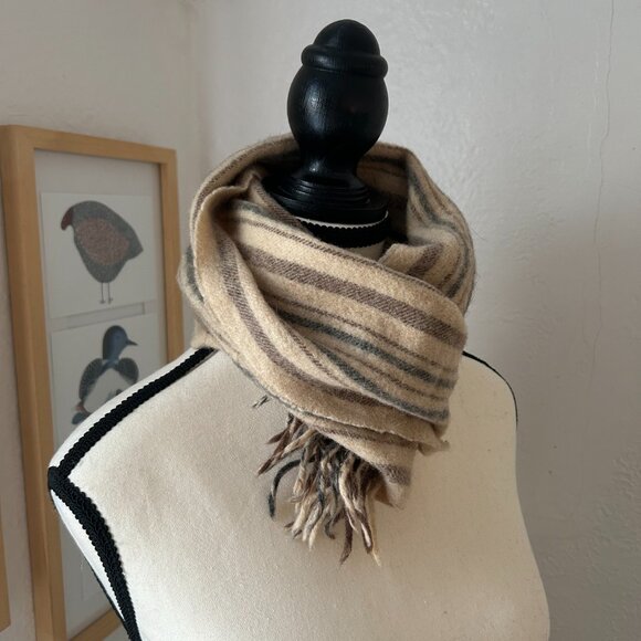 Vintage 100% Camel Hair Scarf Brown Tan Blue Stripes Made in West Germany - Picture 4 of 5